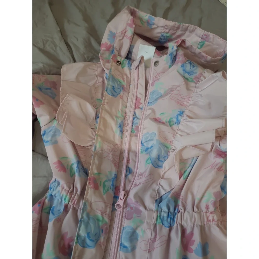 Disney Princesses Girls SZ 5/6 Pink Floral Hooded Jacket zip front cinch waist